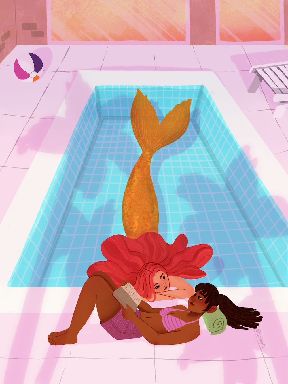 illustration of a mermaid in a swimming pool and a girl reading a book next to the swimming pool